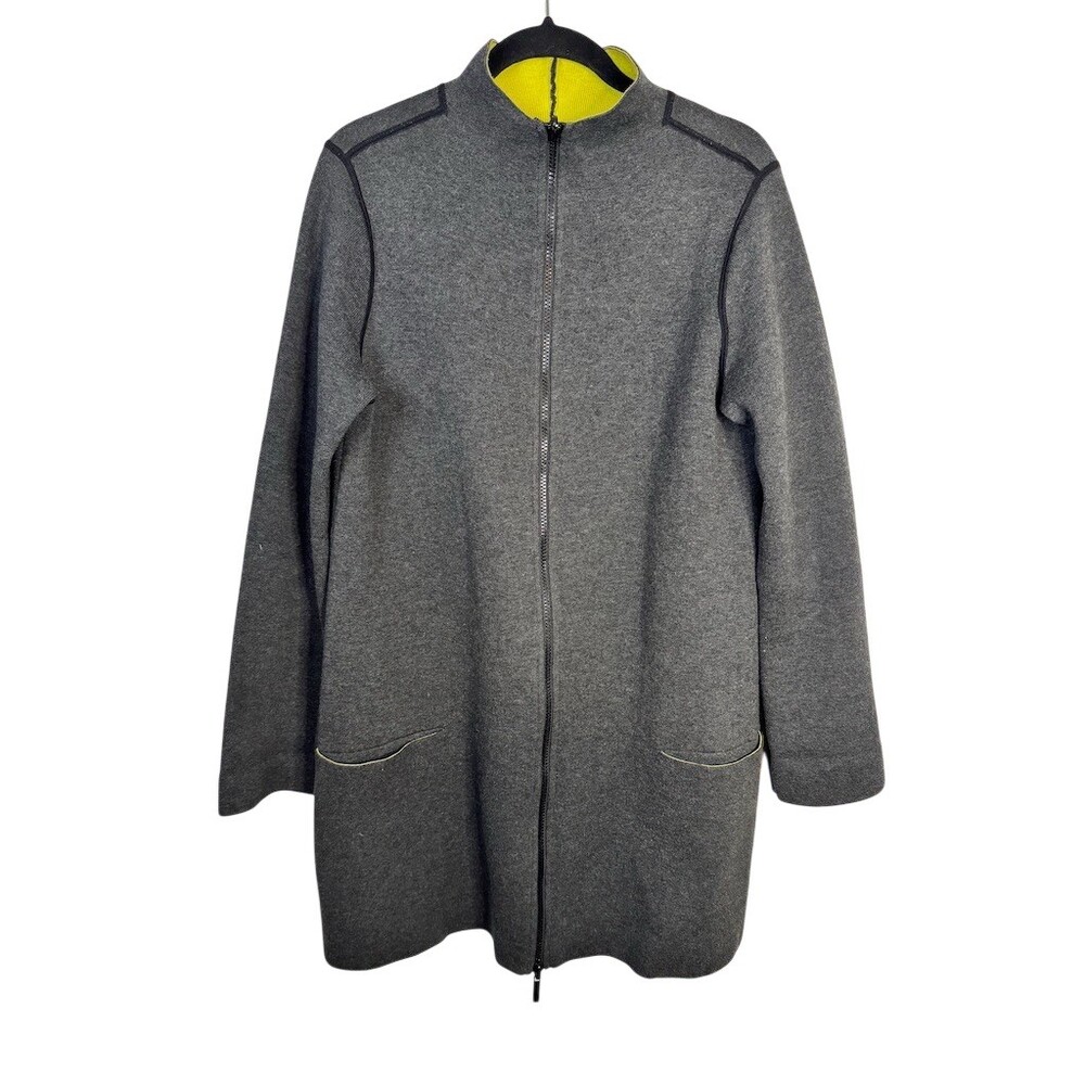 Damask Womens Long Zip Cardigan Sweater Jacket Gray Lime Lining Size M
